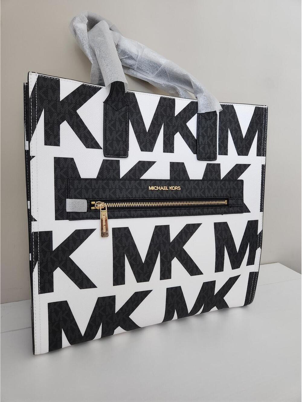 Michael Kors Kenly Large NS Tote Satchel Black MK Graphic Logo Optic White